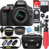 Nikon D3300 24.2 MP DSLR Camera + AF-S DX 18-55mm VR II Lens Kit + Accessory Bundle 64GB SDXC Memory + SLR Photo Bag + Wide Angle Lens + 2x Telephoto Lens + Flash + Remote + Tripod + Filters (Black)